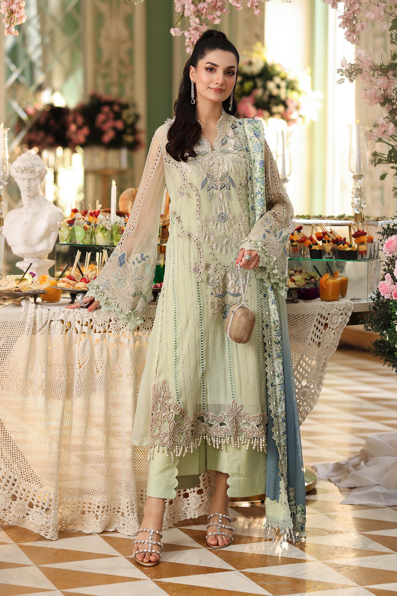 3 Piece Embroidered Chiffon Suit  BARCODE:MPC-26-105-Pistachio Green
