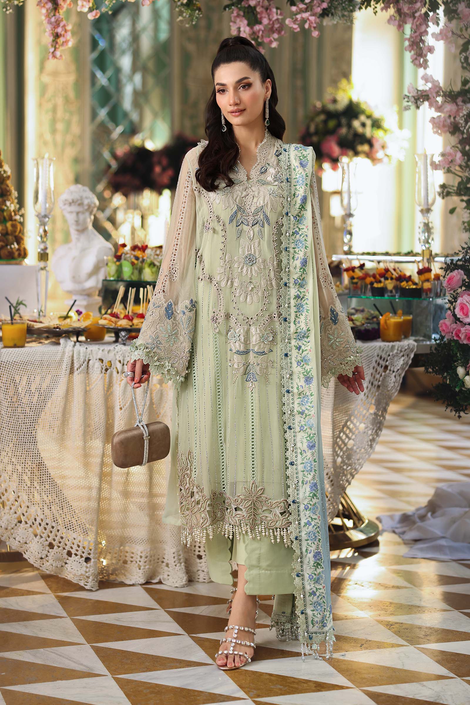 3 Piece Embroidered Chiffon Suit  BARCODE:MPC-26-105-Pistachio Green