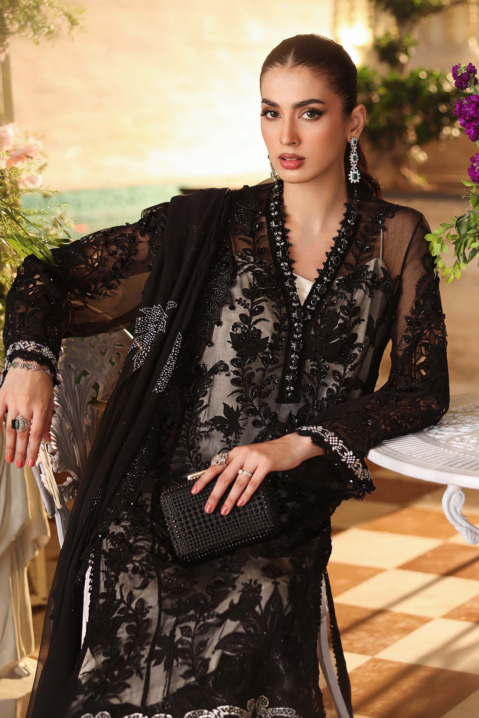 3 Piece Embroidered Chiffon Suit - MPC-26-101-Black
