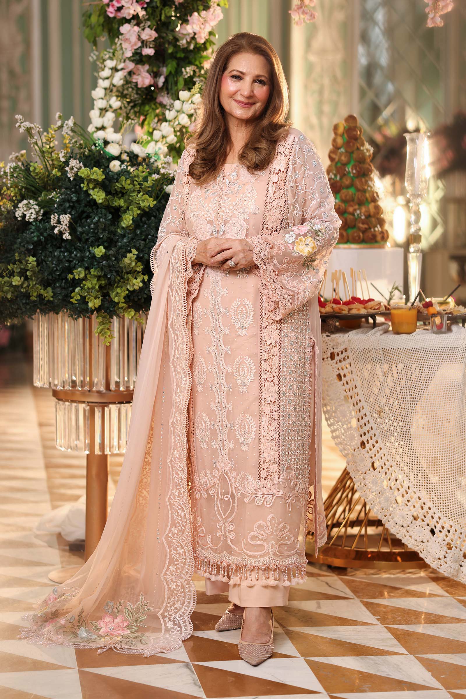3 Piece Embroidered Chiffon Suit  MPC-26-104-Peach Pink